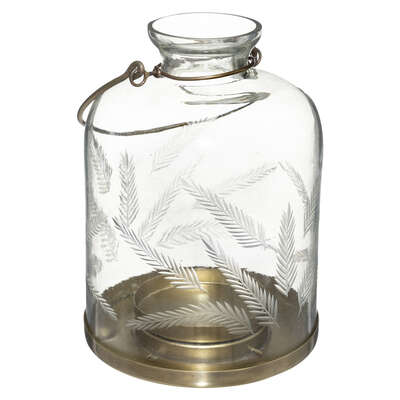 Etched Feather Glass Lantern H17 Gift