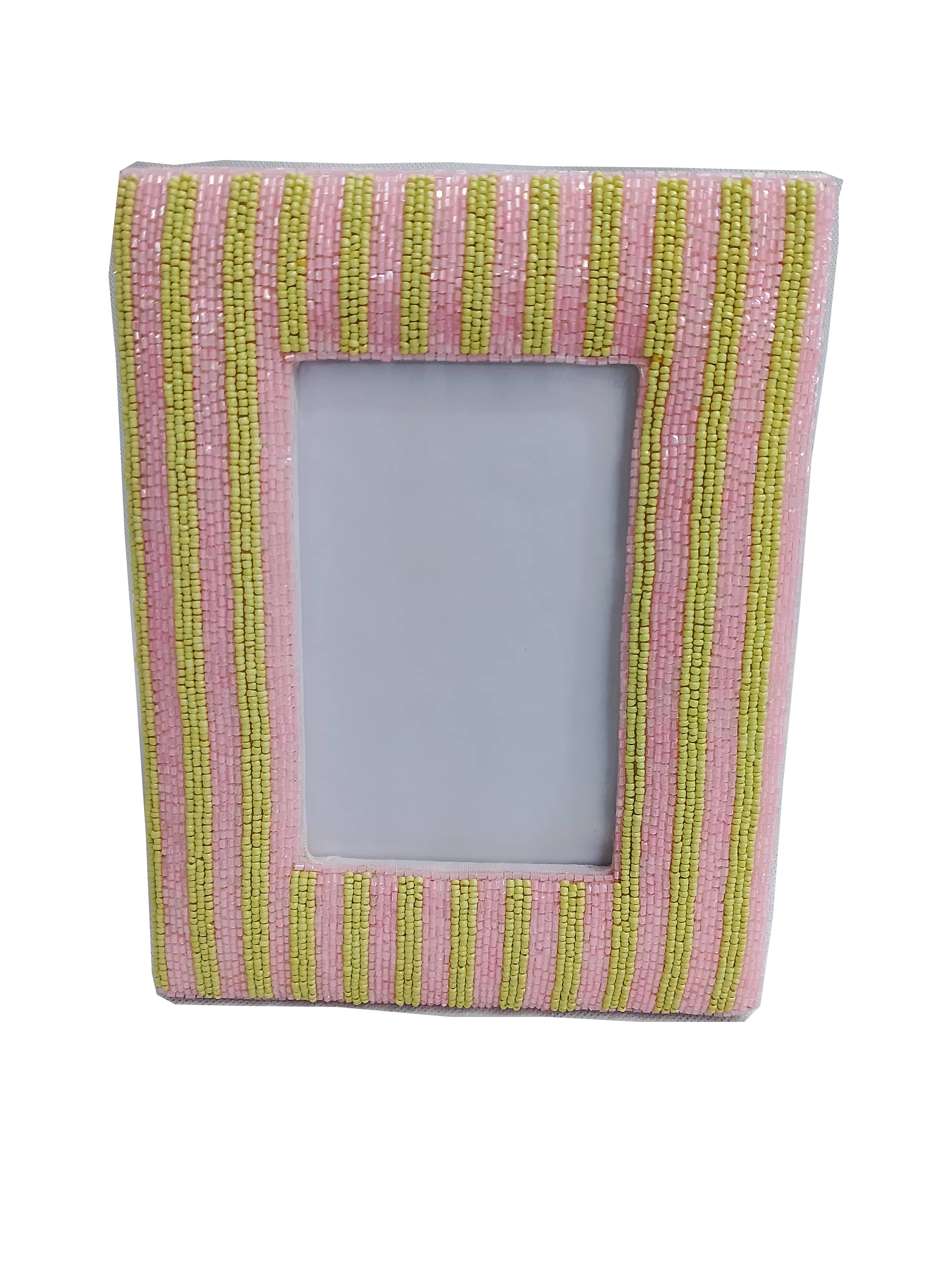 Beaded Stripe Photo Frame Pink And Green 15cm Gift