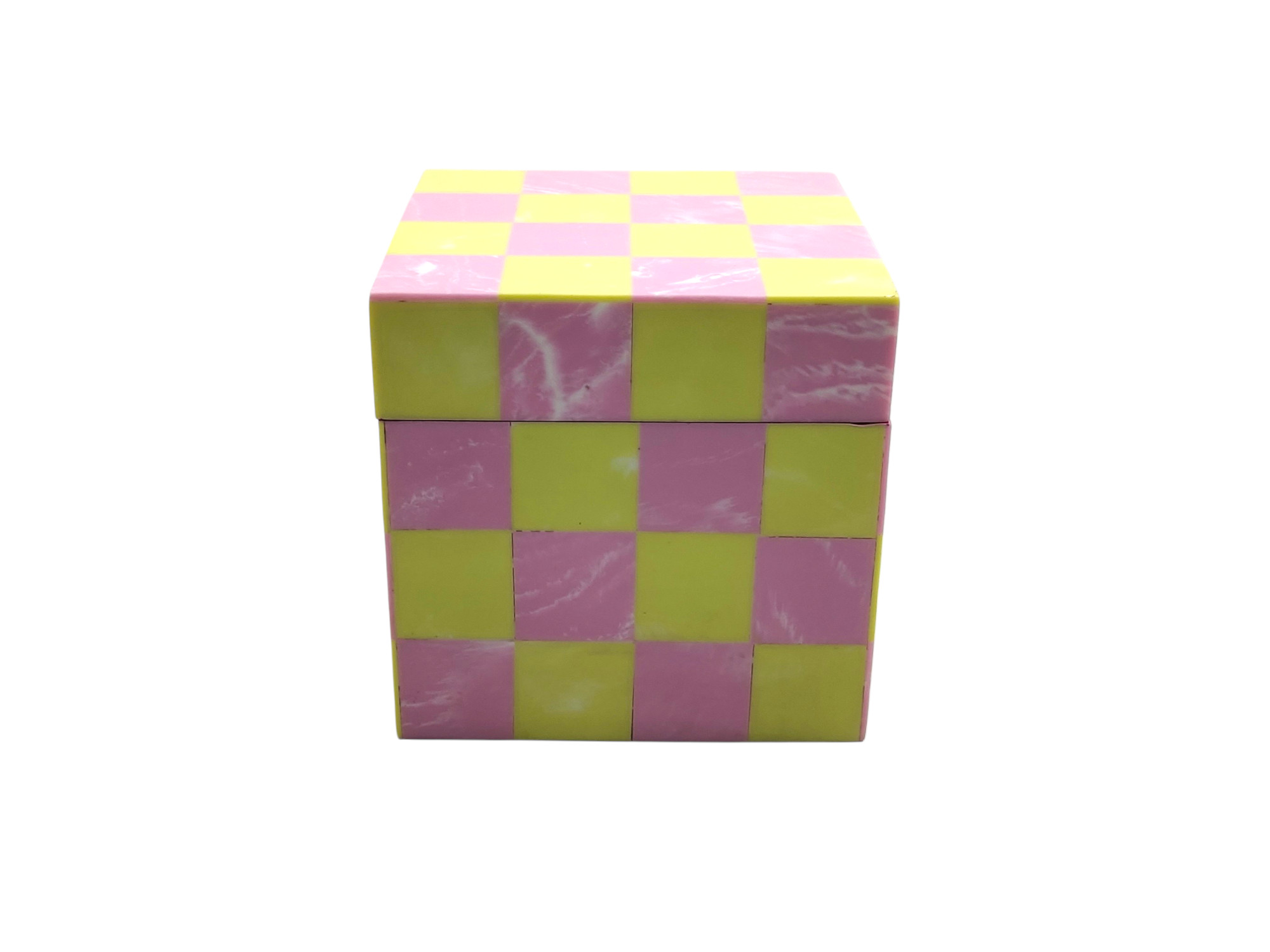 Pink And Lime Green Chequered Square Box  13cm Gift