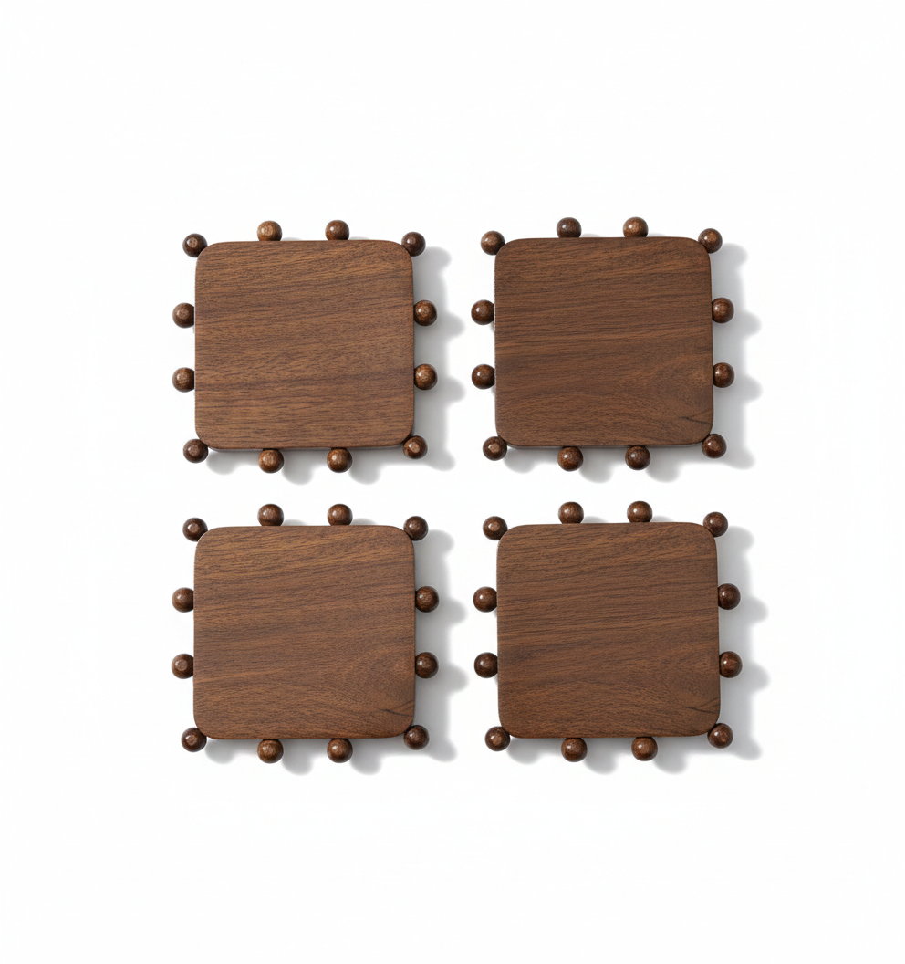 Wooden Balls Coasters Square Set Of 4 12cm Gift