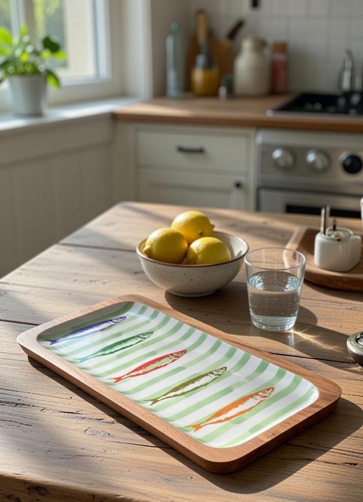 Sardines Wooden Tray W/enamel Fish Design - 2 Gift