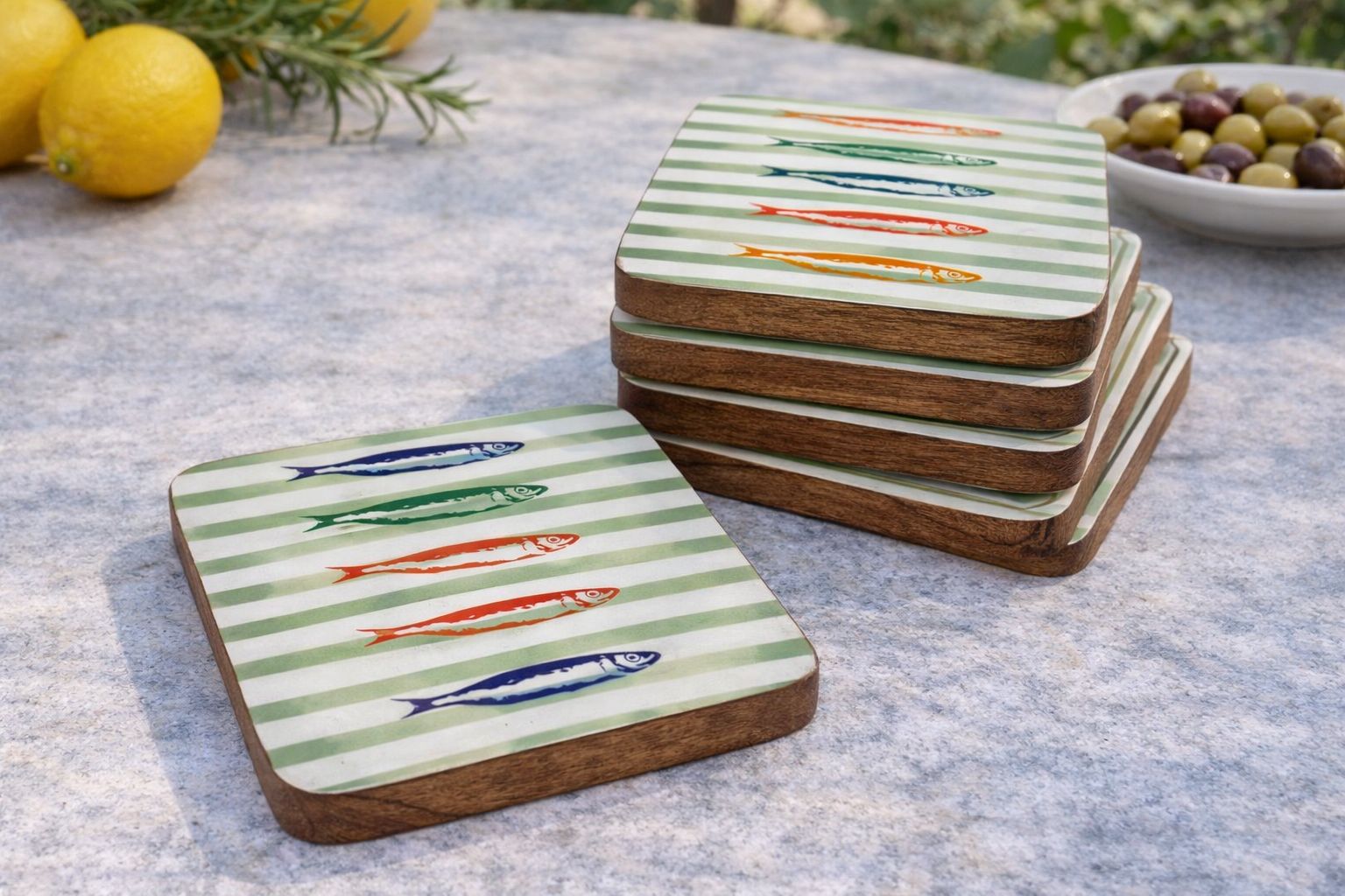 Set/4 Coasters W/ Enamel Sardines Fish Design -2 Gift