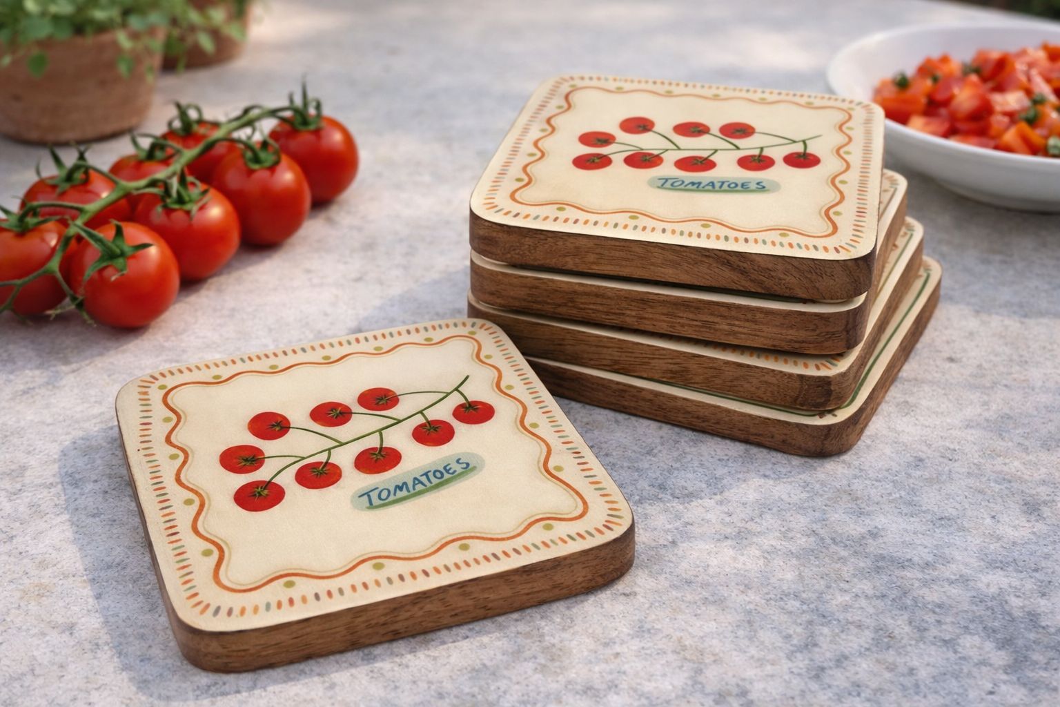 Set/4 Coasters W/ Enamel Tomatoes Gift
