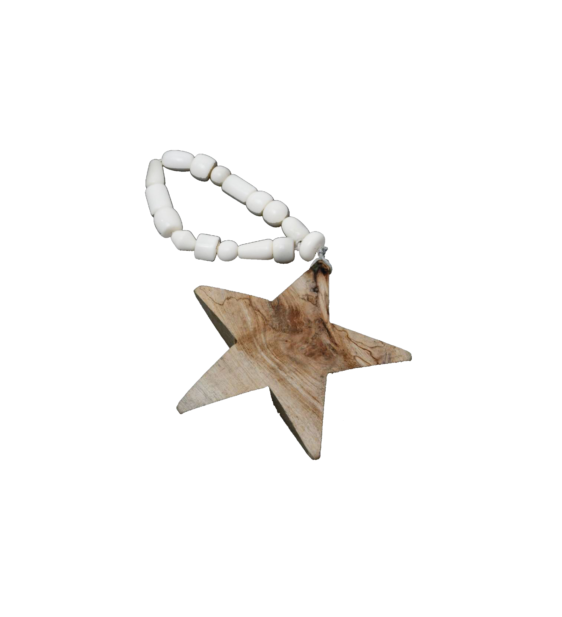 White Beaded Garland With Wooden Star 30cm Gift