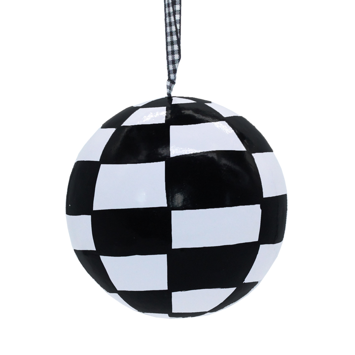 Papier Machie Bauble 10cm Black Chequered Gift