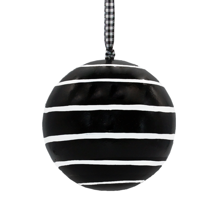 Papier Machie Bauble 10cm Black Small Stripes Gift