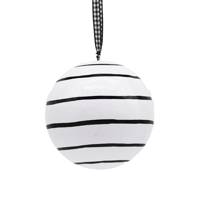 Papier Machie Bauble 10cm White Small Stripes Gift