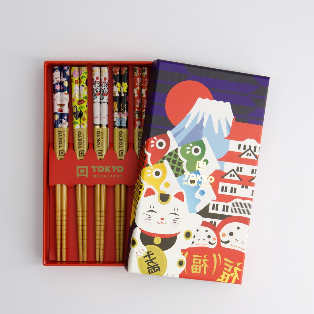 Children Chopstick Giftset/5 Lucky Cats Japan A42-c71 1/100 Gift
