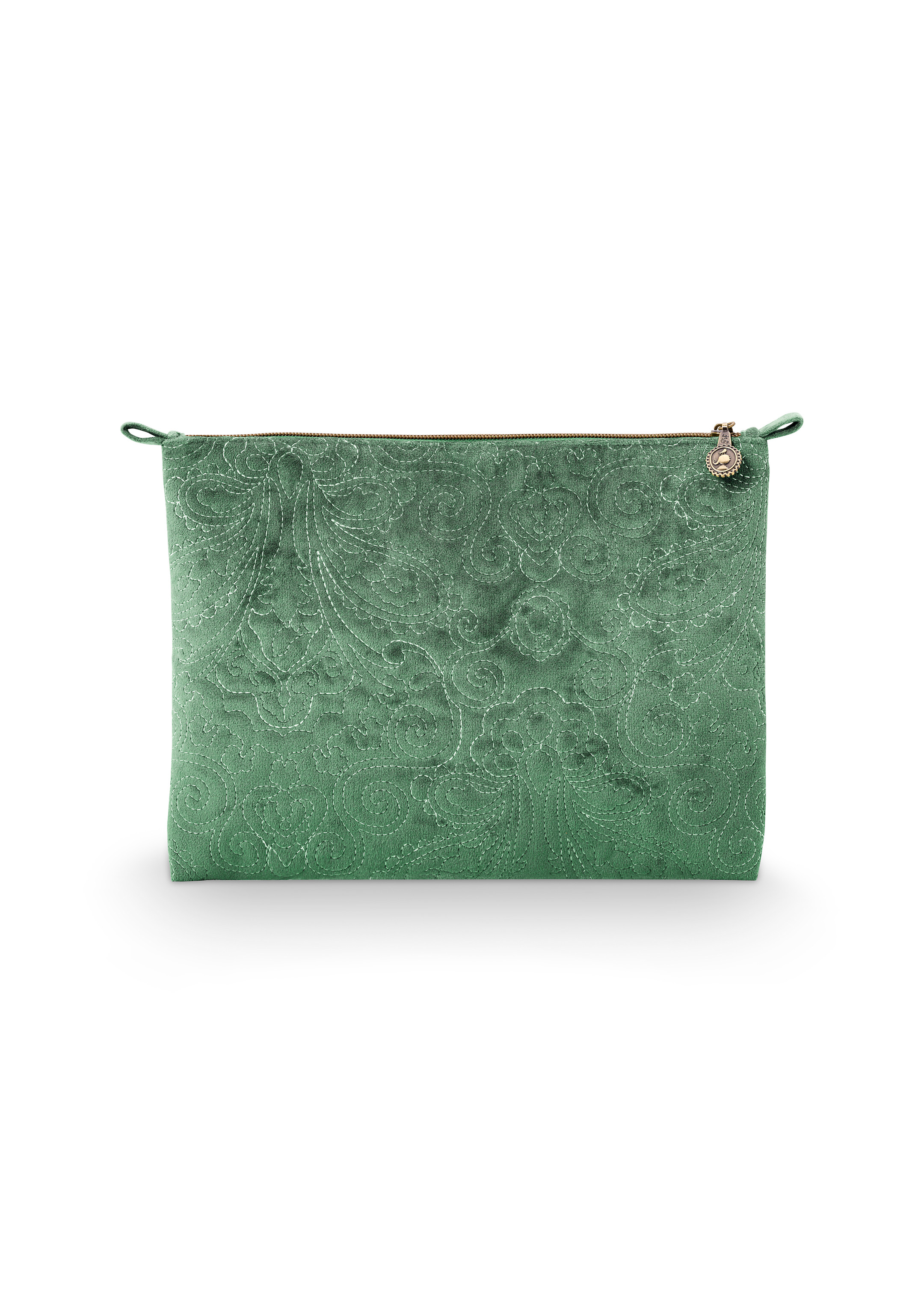 Cosmetic Flat Pouch Large Velvet Quilted Green 30x22x1cm Gift