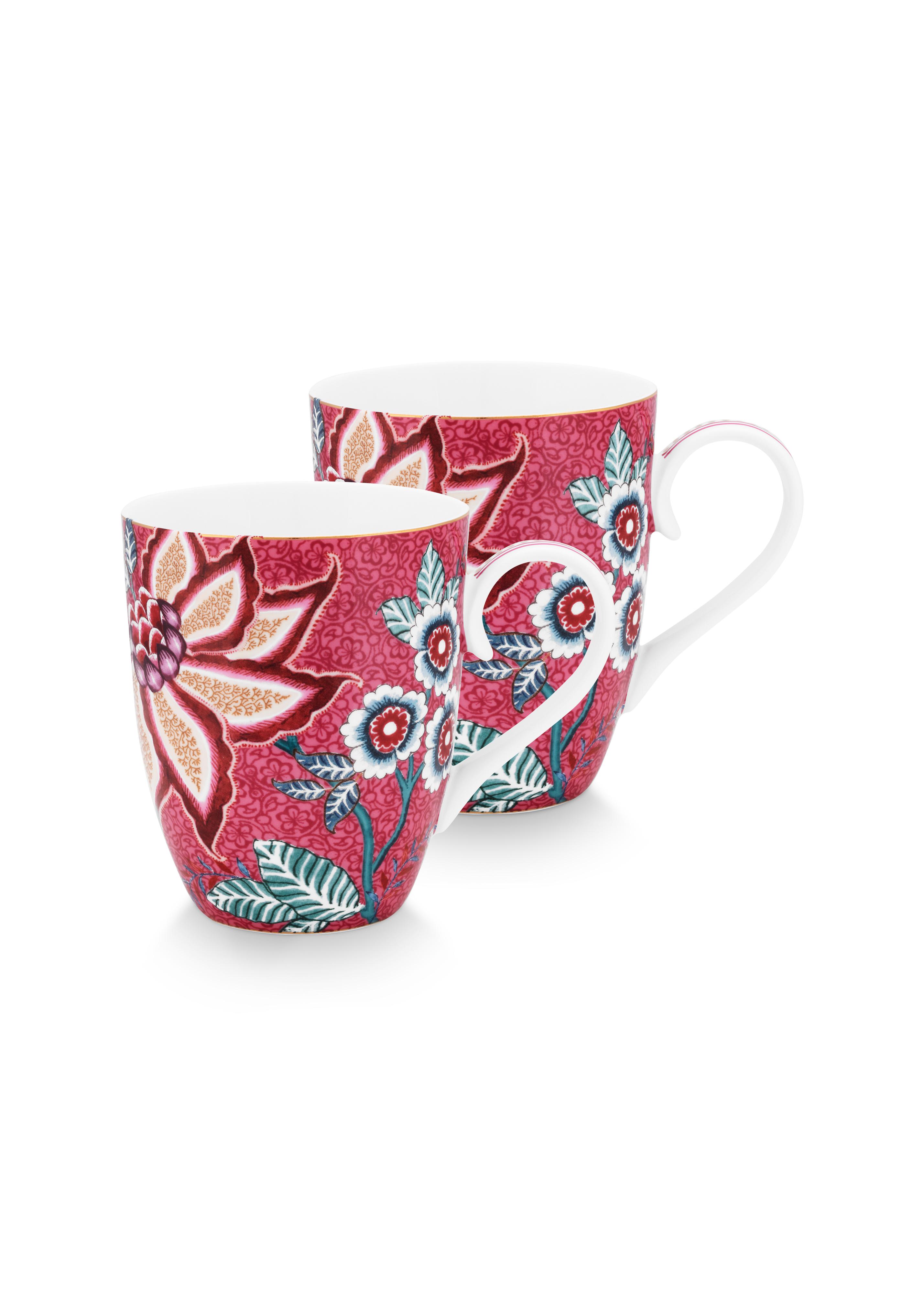 Set/2 Mugs Large Flower Festival Dark Pink 350ml Gift