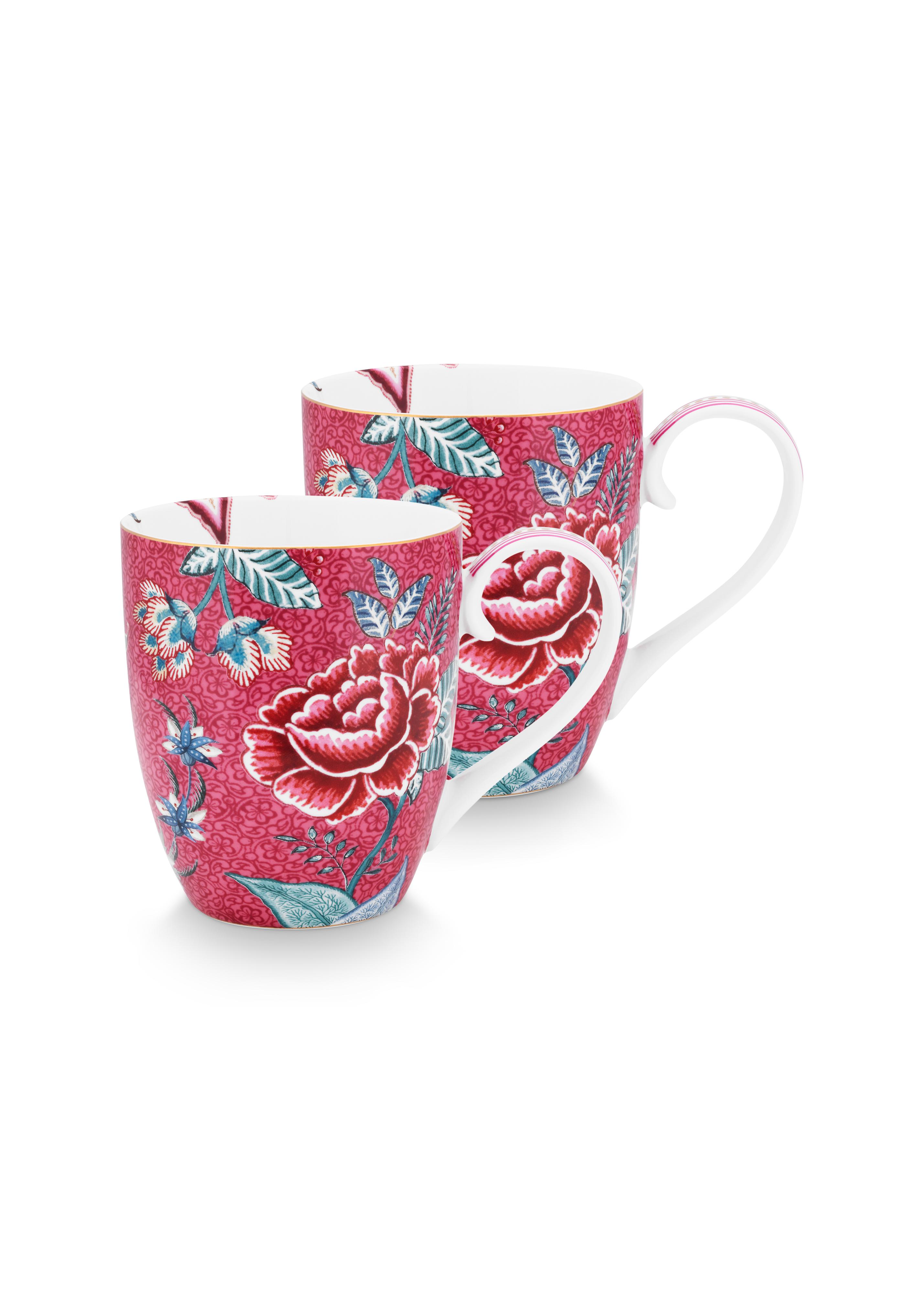 Set/2 Mugs Xl Flower Festival Dark Pink 450ml Gift