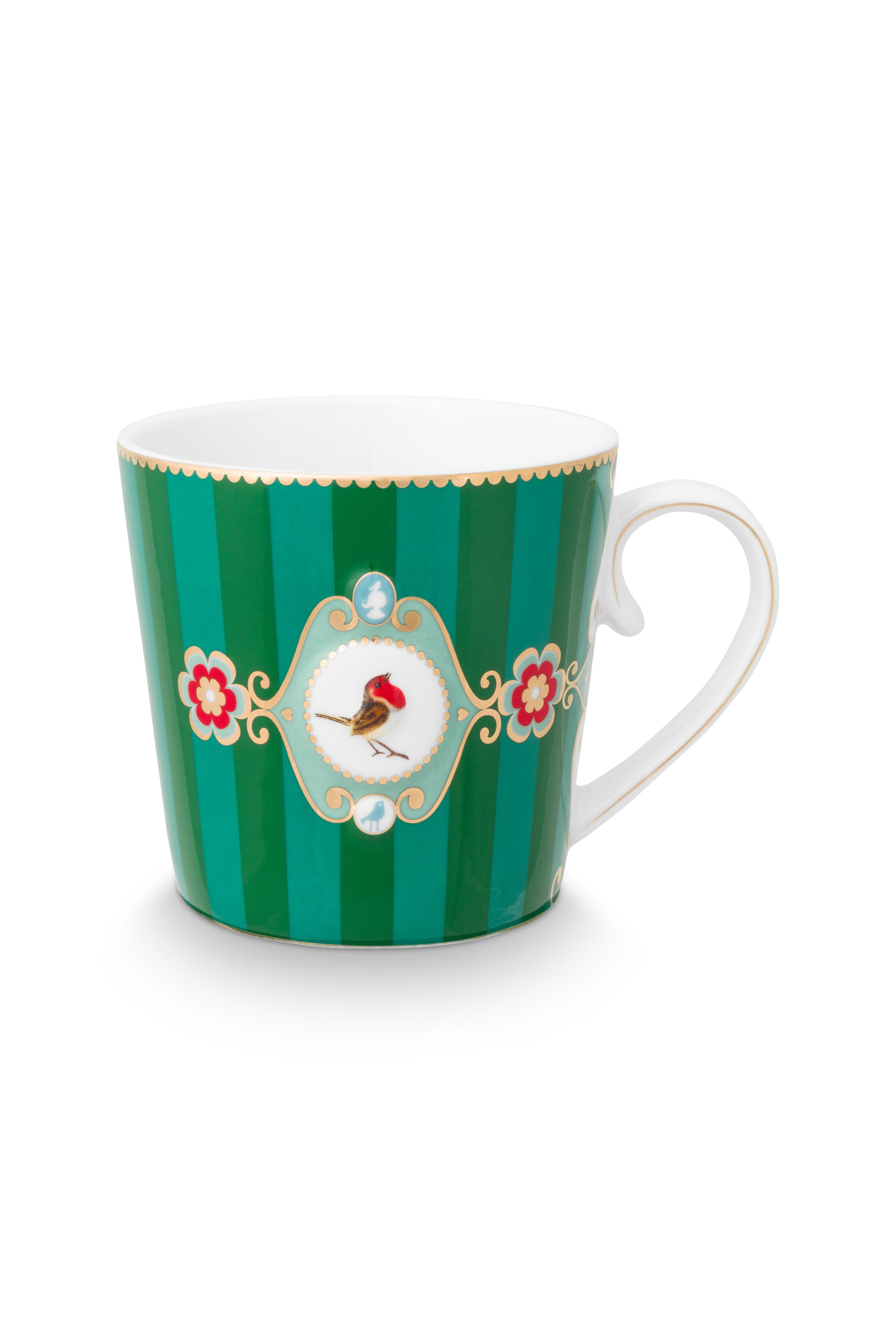 Mug Large Love Birds Medallion Stripes Green 250ml Gift